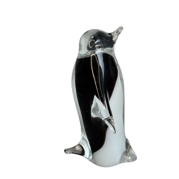 Hand Blown Art Glass Penguin Figurine Clear Encased Black White 4 1/2" - Picture 4 of 7